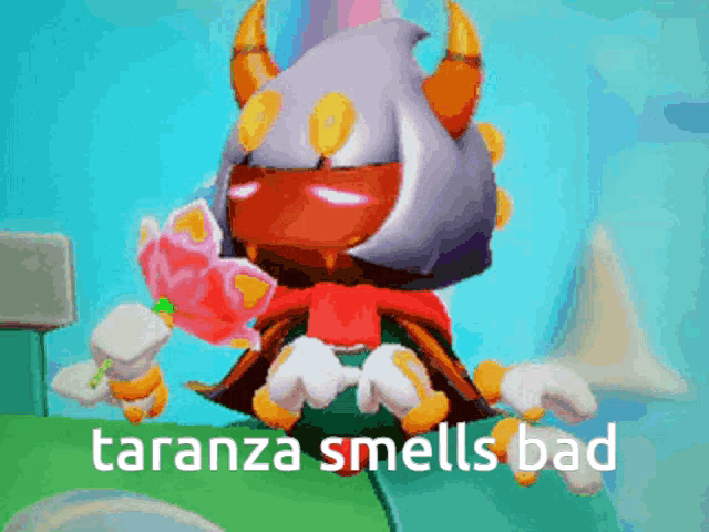 a cartoon character with horns holding a flower and the words taranza smells bad