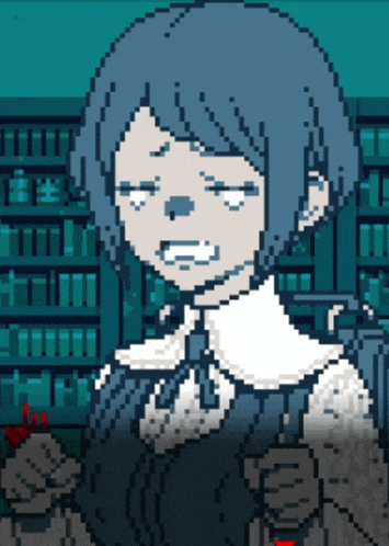 a pixel art of a girl with blue hair and a white collar