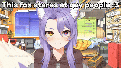 a cartoon of a girl with purple hair and two different colored eyes with the caption " this fox stares at gay people "