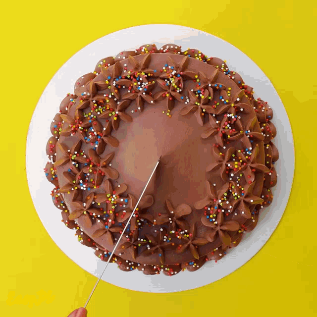 a person is cutting a chocolate cake with sprinkles on it
