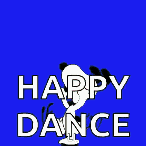 snoopy is dancing on a red background with the words `` happy dance '' written below him .