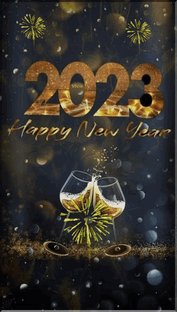 a happy new year greeting card with glasses of champagne and fireworks
