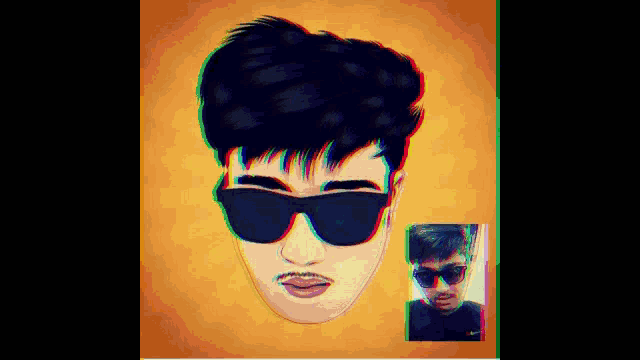 a drawing of a man wearing sunglasses and a picture of the same man