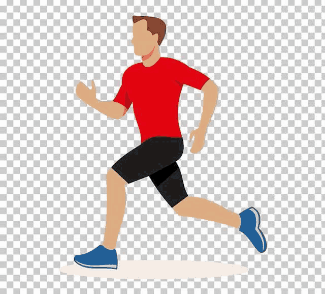a man in a red shirt and blue shoes is running on a transparent background .