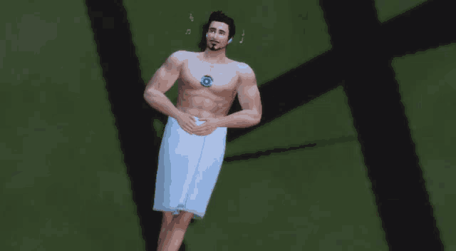a shirtless man wrapped in a white towel is standing in front of a green background .