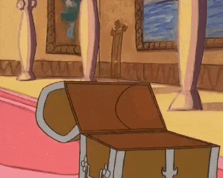 a cartoon treasure chest is open in a room