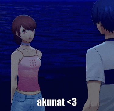 a man and a woman are standing next to each other and the words akunat < 3 are on the bottom