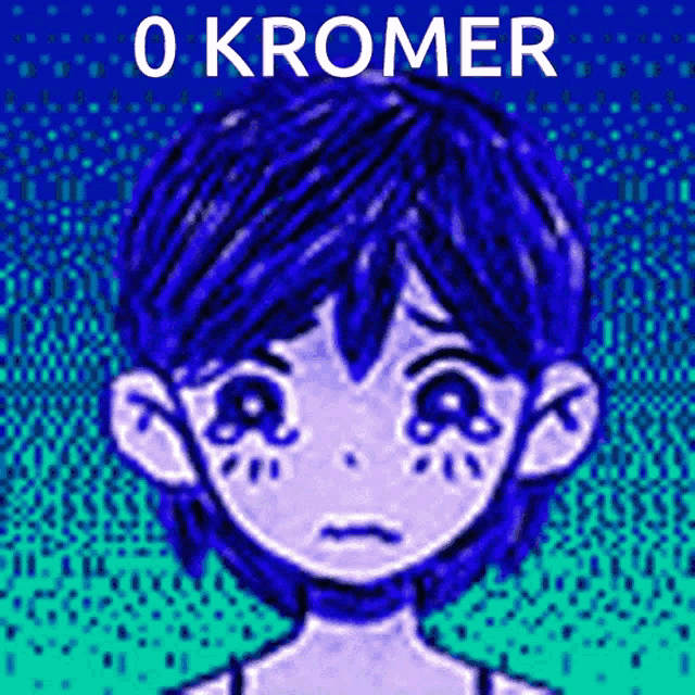 a drawing of a girl with blue hair and the words 0 kromer on the bottom
