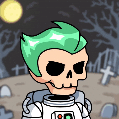 a cartoon of a skull with green hair