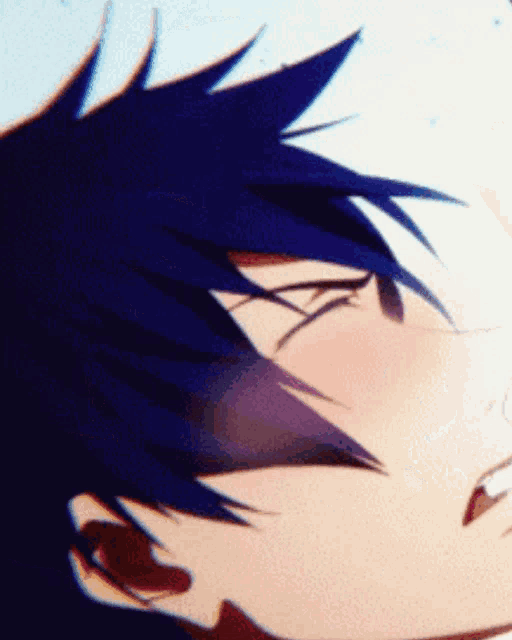 a close up of a person 's face with a blue hair style