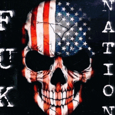a skull with an american flag painted on it and the words fuck nation below it