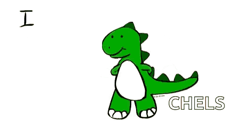 a cartoon of a dinosaur holding a stick with the words i miss you this much chels