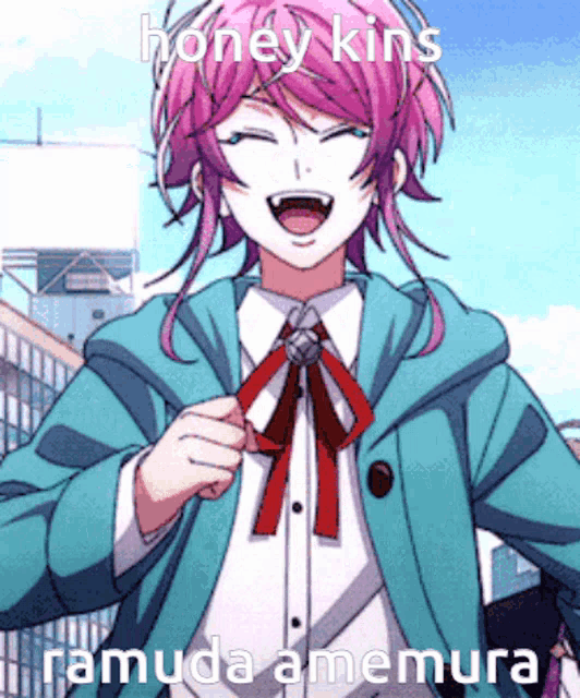 a girl with pink hair is wearing a blue jacket