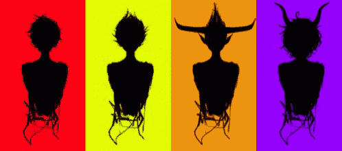 four silhouettes of a person with horns on different colors