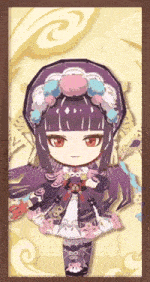 a cartoon girl with purple hair and a purple hat is standing in a frame .