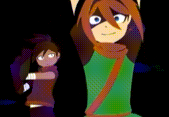 a pixel art of a girl with long hair and a scarf around her neck