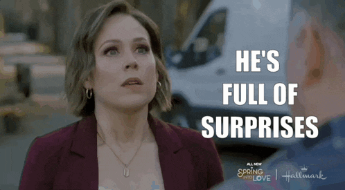 a woman says he 's full of surprises in a hallmark ad