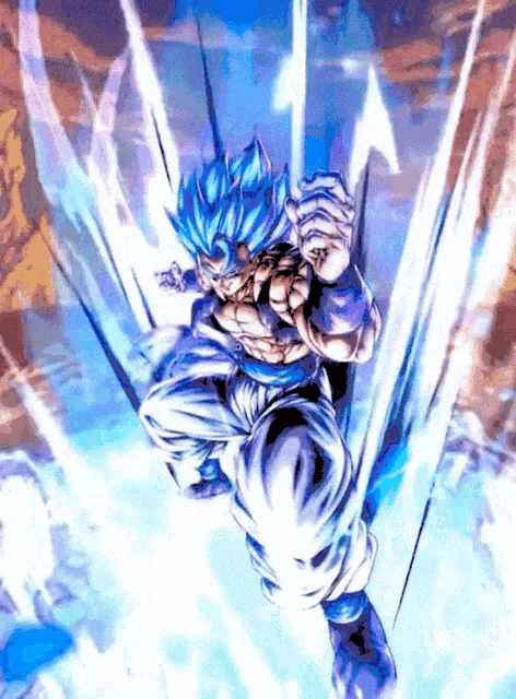 a cartoon character with blue hair and white pants is jumping in the air