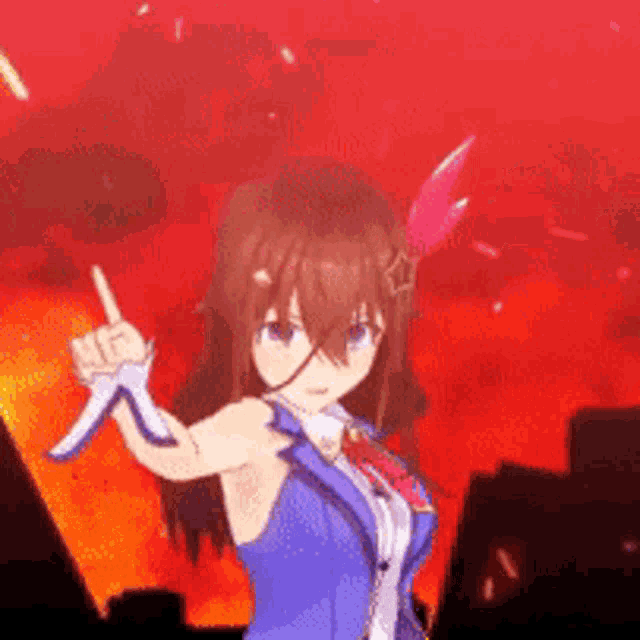 a girl in a blue dress is holding a sword in front of a fire .