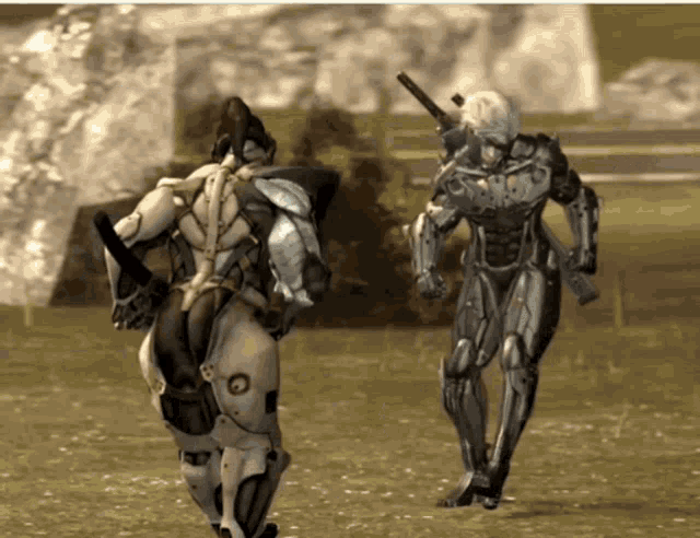 two robots are standing in a field and one has a sword on his back