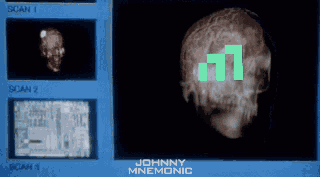a screen shows a skull and the words johnny mnemonic