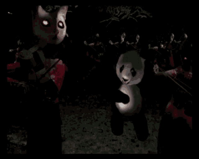 a panda bear is standing in front of a group of zombies