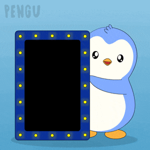 a penguin is peeking out from behind a blue sign with the word pengu on it