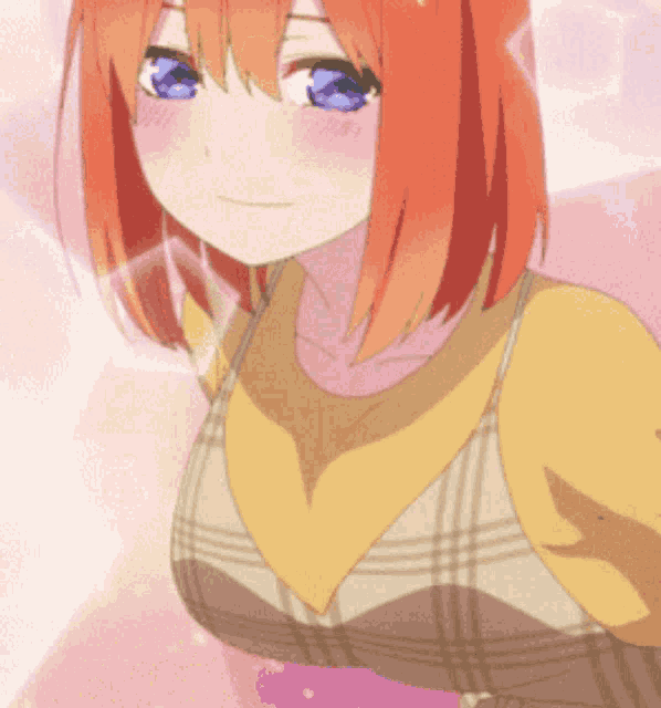 a girl with red hair and blue eyes is wearing a plaid dress