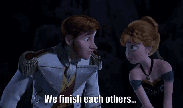 a couple of cartoon characters standing next to each other with the words we finish each others below them