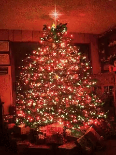 a christmas tree with red and green lights and a star on top of it