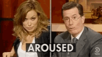 a man and a woman are sitting next to each other with the word aroused on the bottom