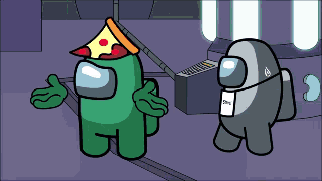 among us characters with one wearing a hat with a slice of pizza on top of it