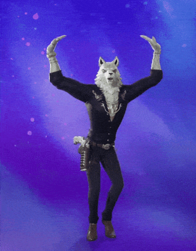 a man with a wolf 's head is dancing in front of a blue background