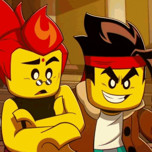 two cartoon characters are standing next to each other with their arms crossed .