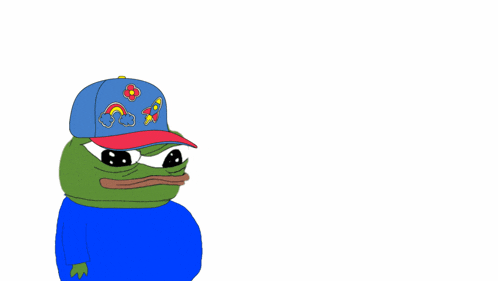 a cartoon of a frog wearing a blue hat with flowers and clouds on it