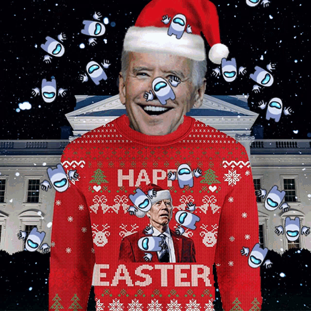 a man wearing a red sweater that says easter