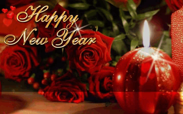 a happy new year card with red roses , a candle and a christmas ball .