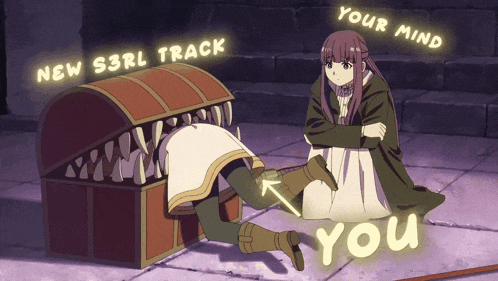 a woman sits next to a treasure chest with the words " your mind " written above it