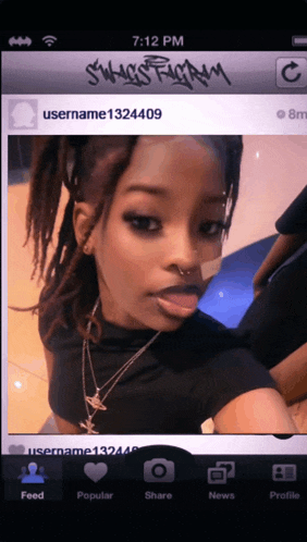 a phone screen shows a picture of a woman with the username username1324409