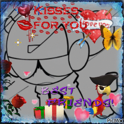 a drawing of a cat with the words kisses for you best friends