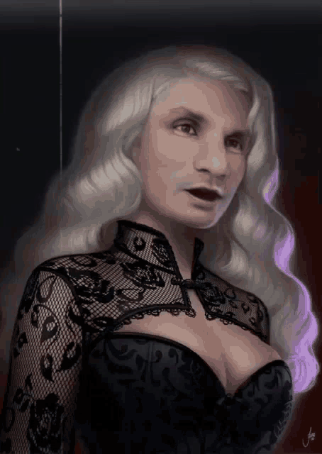 a woman with white hair is wearing a black top