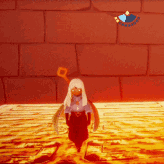 a video game character is standing in front of a brick wall