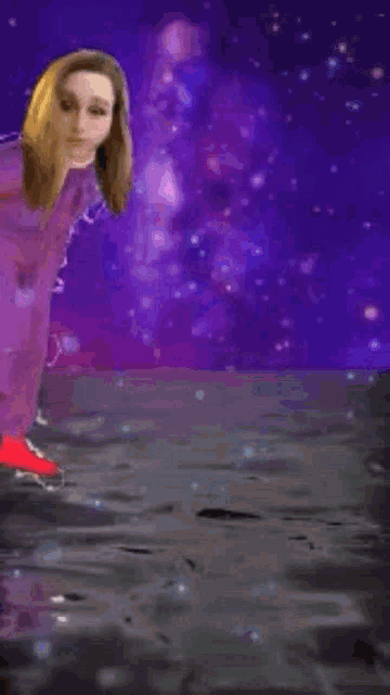 a woman in a purple outfit is standing in front of a purple background with the word deaf written in pink letters .