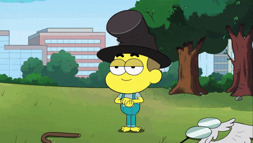 a cartoon character with a top hat and overalls