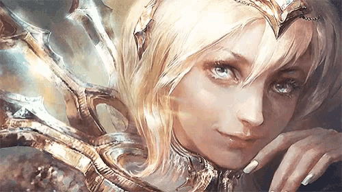 a close up of a woman 's face with a crown on her head and a sword in her hand .