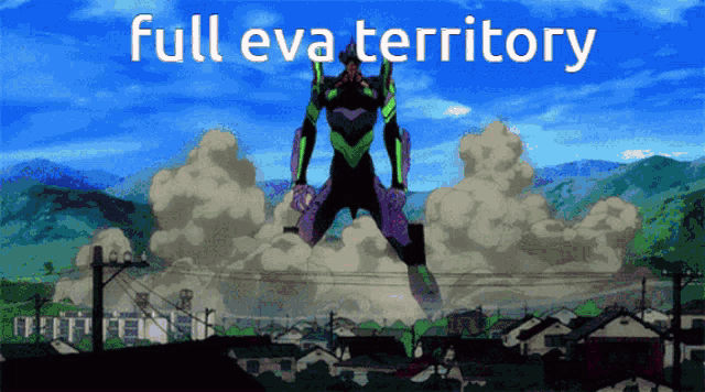 a full eva territory poster with a purple robot in the background