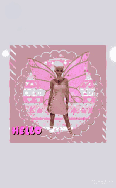 a fairy in a pink dress is standing in front of a hello sign