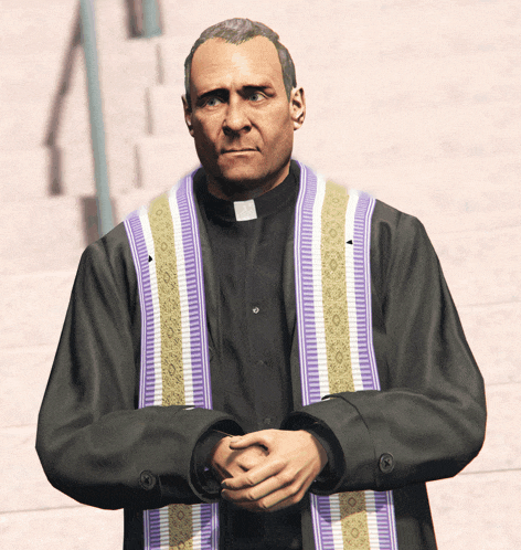 a priest with a purple and gold stole around his neck stands in front of a set of stairs