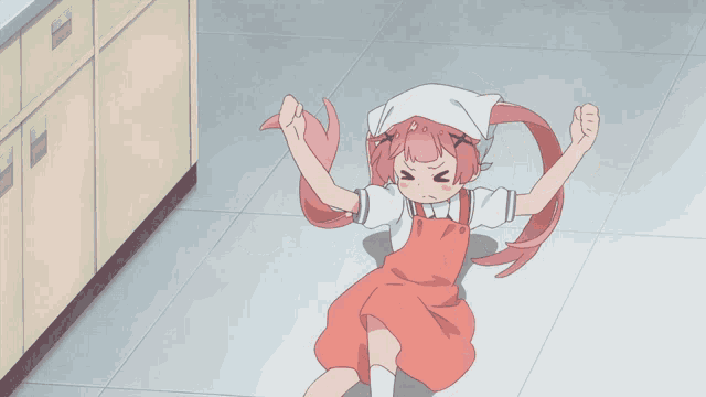 a girl with pink hair is laying on the floor with her arms up