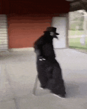 a man in a plague doctor costume is walking down the sidewalk .